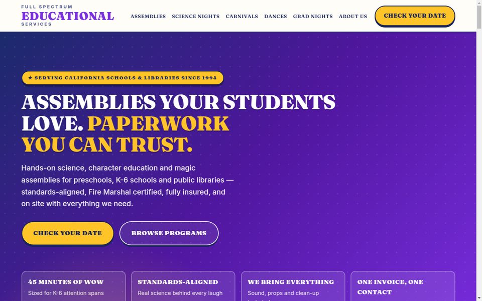 New Full Spectrum Educational homepage: purple hero, “Assemblies your students love. Paperwork you can trust.”