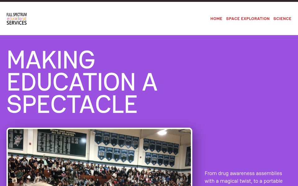 Old Full Spectrum homepage: purple block with the words “Making education a spectacle” and a gym photo