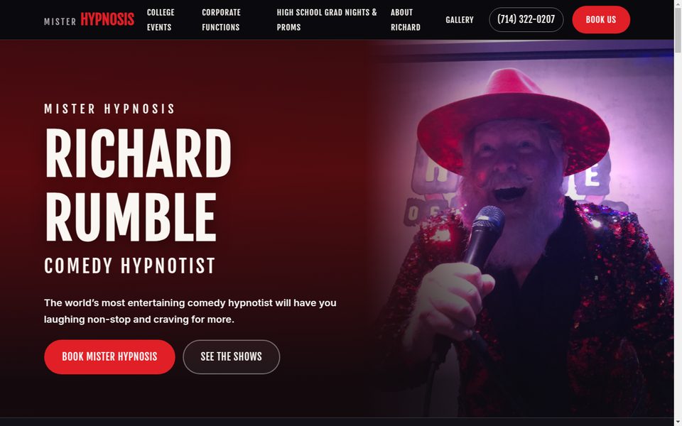 New Mister Hypnosis homepage: dark red stage look with Richard Rumble in a red hat and a “Book Mister Hypnosis” button
