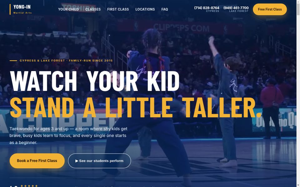 New Yong-In Martial Arts homepage: photo of a student performing, headline “Watch your kid stand a little taller”