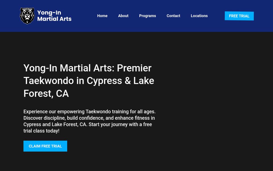 Old Yong-In Martial Arts homepage: plain dark page with a text headline and a blue button